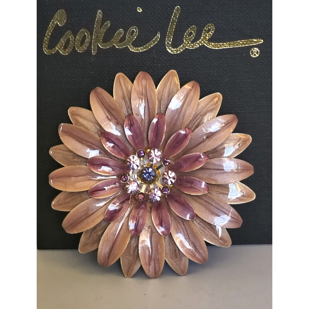 Cookie Lee Enamel Flower Brooch Pink Crystal  Gold Tone Cluster Rhinestone NEW